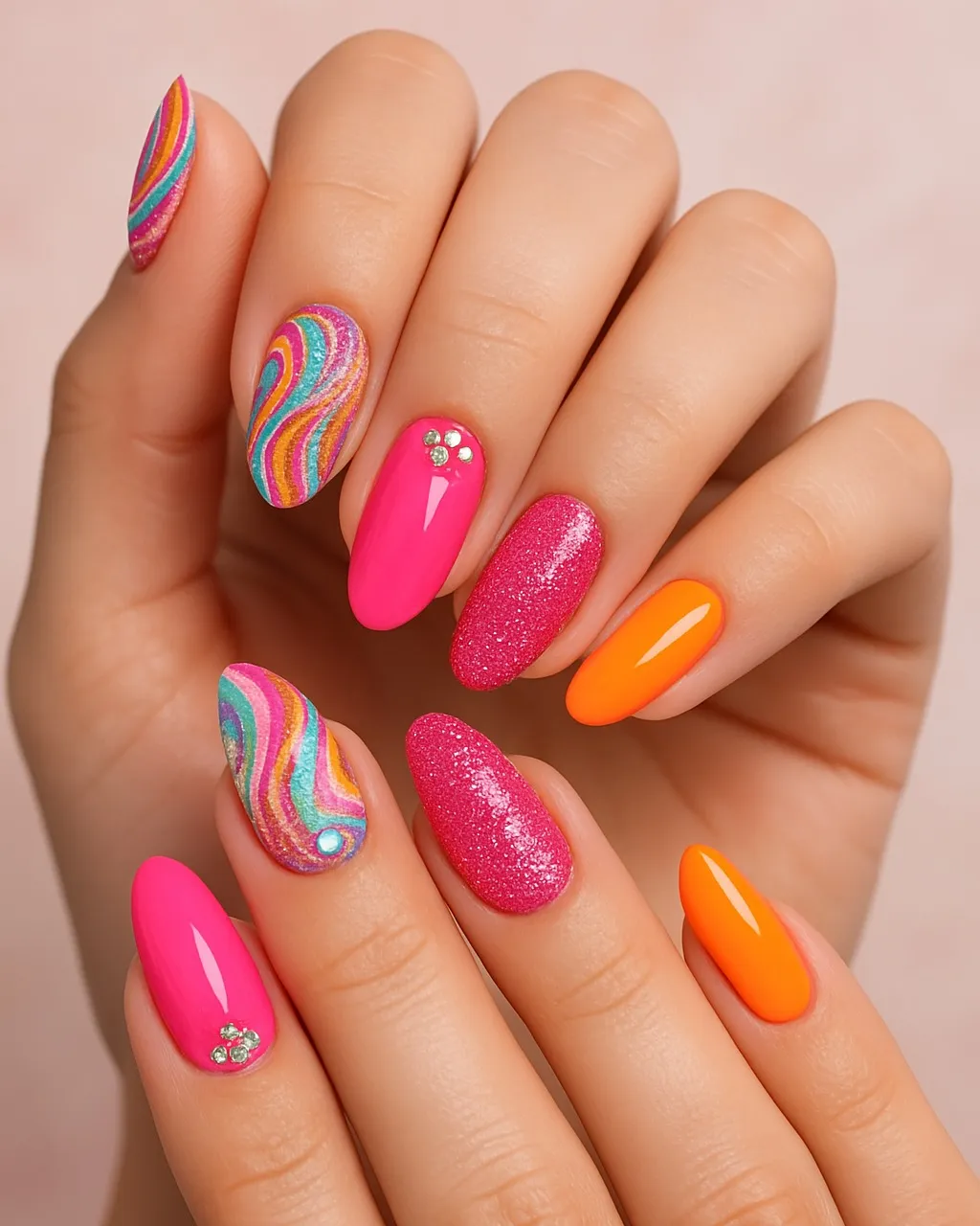 These long, almond-shaped nails feature hot pink, orange, and rainbow tones with a glossy finish. Several nails are painted in solid neon shades, while others have swirling rainbow patterns with a subtle glitter effect running through them. A few accent nails are finished with fine shimmer and small crystal details, adding extra texture and sparkle. The overall look feels bold, playful, and very Y2K-inspired, making it a great choice for summer, holidays, or anyone who loves colourful nails that don’t take themselves too seriously.