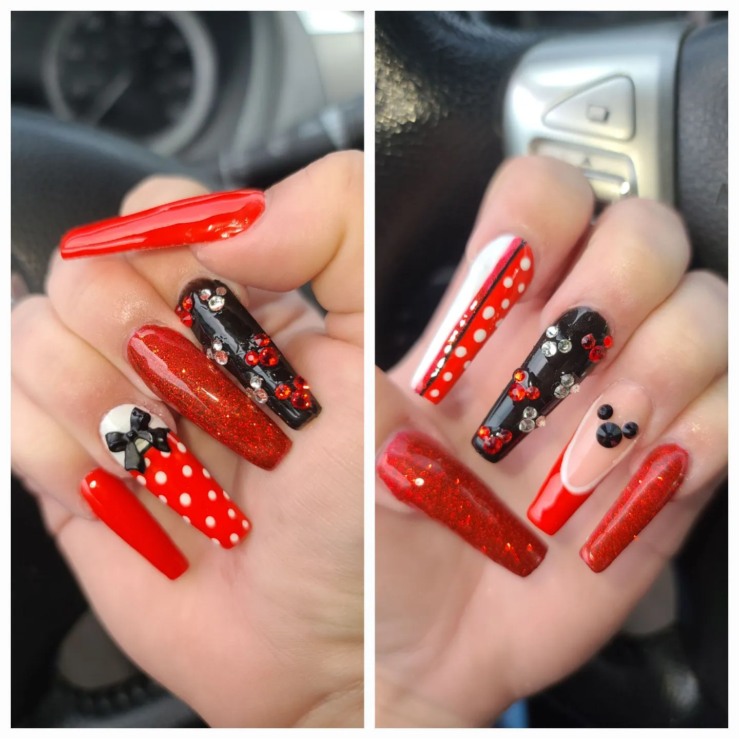 These long red and black Minnie nails are pure glam. Between the glitter, rhinestones, and polka dots, every detail sparkles with Disney charm — especially the little bow accent that steals the show.