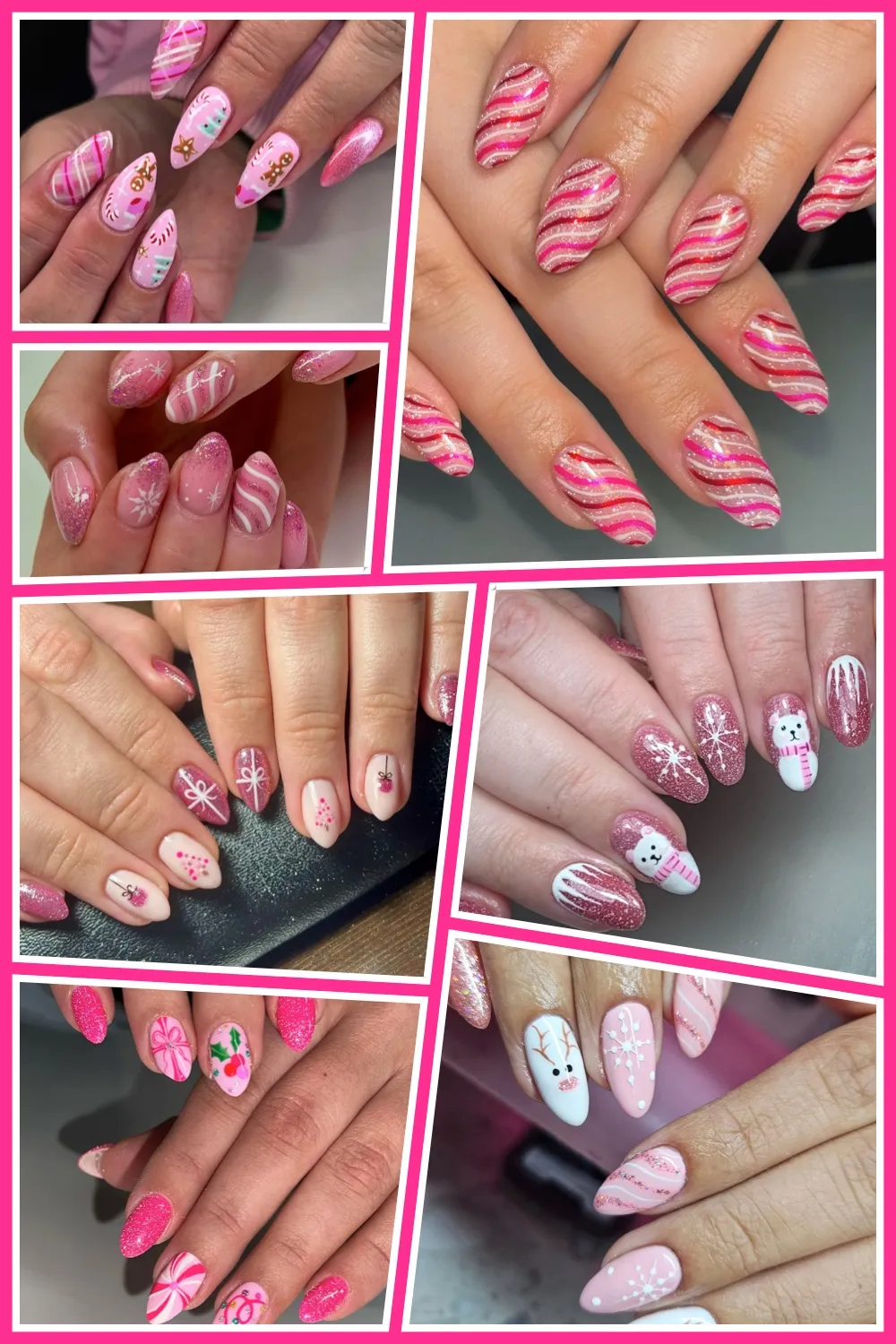 Looking for Pink Christmas Nail Designs? This collection is full of soft pastels, cute winter motifs, and sparkly pink accents you can recreate or take to your nail tech. #pinkchristmasnails #christmasnailideas