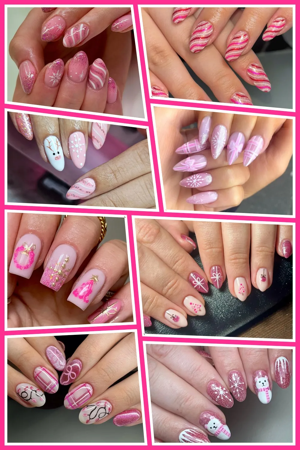 Pink Christmas Nail Designs for anyone who loves a pretty, feminine holiday mani. From glitter fades to snowflakes and candy stripes, there’s something for every style. #pinkholidaynails #girlychristmasnails