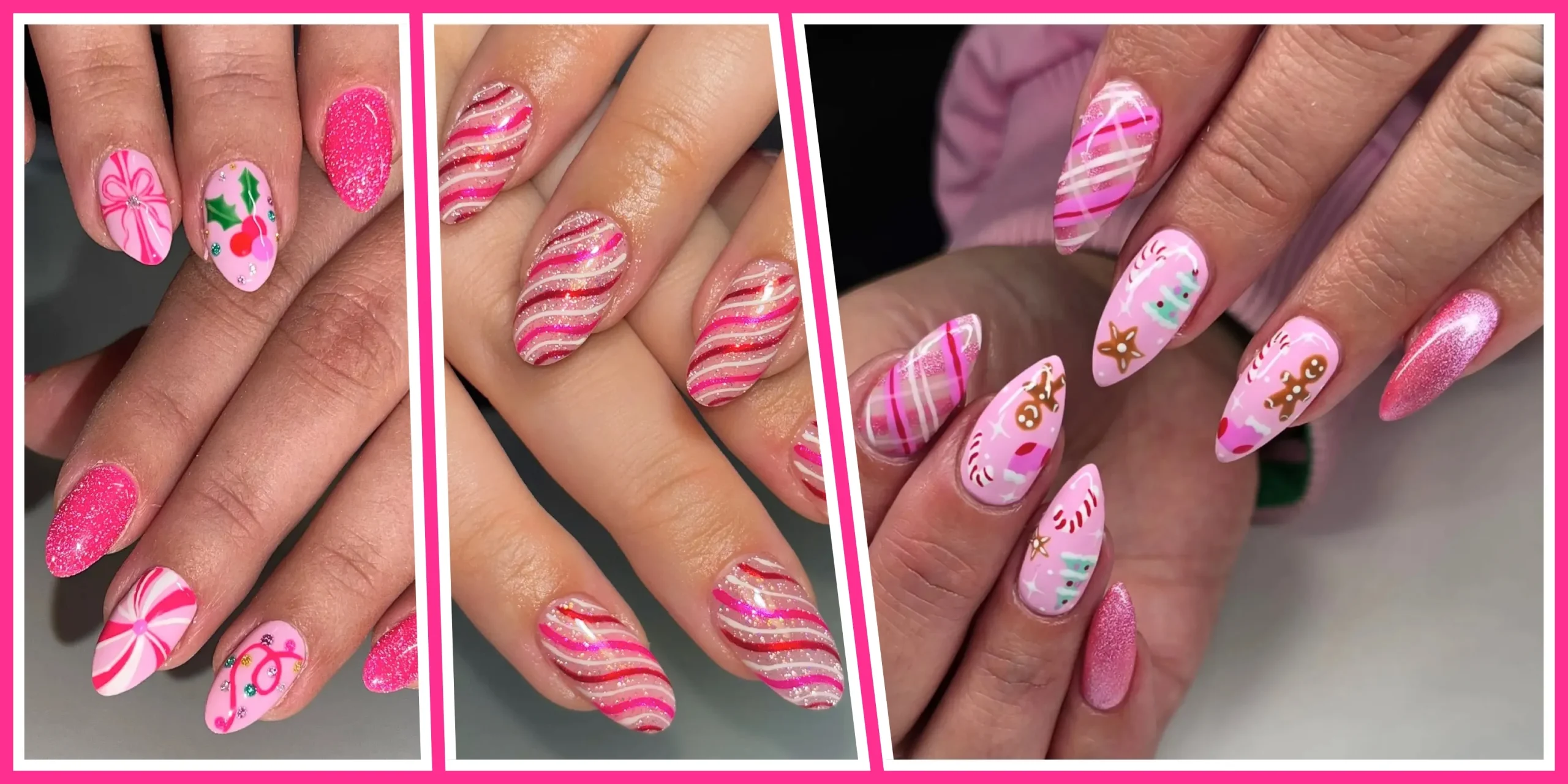 Looking for Pink Christmas Nail Designs? This collection is full of soft pastels, cute winter motifs, and sparkly pink accents you can recreate or take to your nail tech. #pinkchristmasnails #christmasnailideas