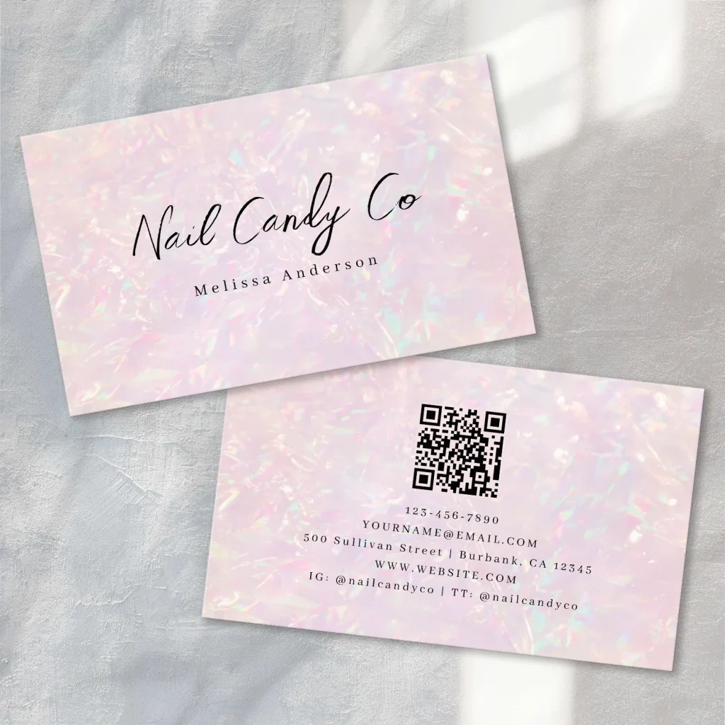 Pink Holographic Business Card template - personalize with your own business details including QR code