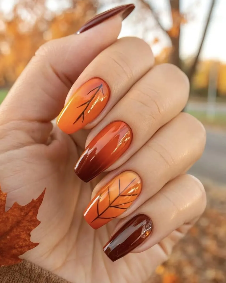 From deep burgundy to burnt orange, this ombré leaf design is a bold way to wear fall nail colors. These dark fall nails are equal parts striking and seasonal.